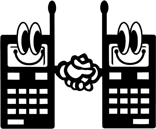 Two cell phones shaking hands vinyl sticker. Customize on line. Telephone 091-0154